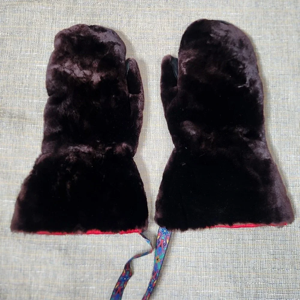 Real Natural Mink Fur Leather Mittens Real Warm Winter Gloves Brown